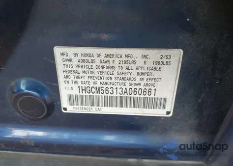 2003 Honda Accord 2.4 Lx from USA, damaged, VIN 1HGCM56313A060661